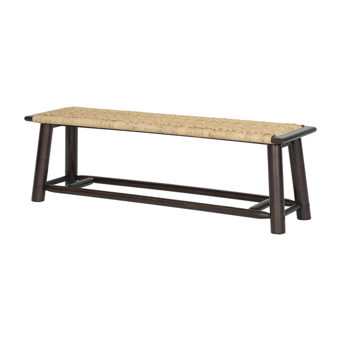Giga farmhouse modern solid wood and rattan bench in walnut finish, 59-inch multi-functional indoor and outdoor seating