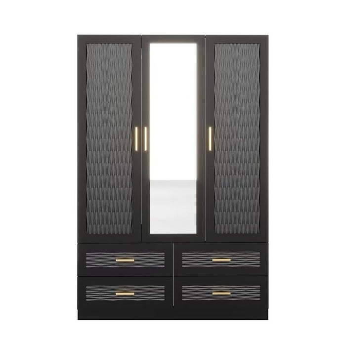 71" Carved Geometric Mirro Three Door Four Drawer Combo Dresser - Black