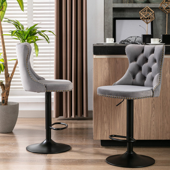 Set of two Giga modern upholstered swivel barstools with tufted backs and adjustable seats for home, pub, or kitchen island.