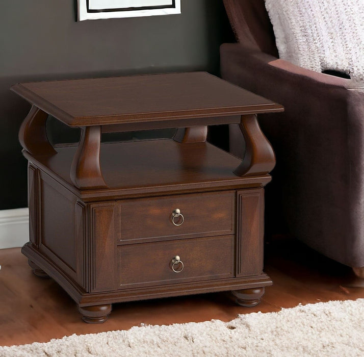 Solid Wood Square End Table With Two Drawers And Shelf - Brown