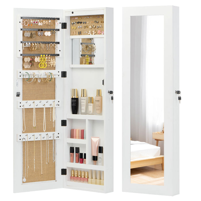 Giga jewelry armoire organizer with full-length mirror, wall-mounted lockable cabinet and built-in LED light for jewelry storage.