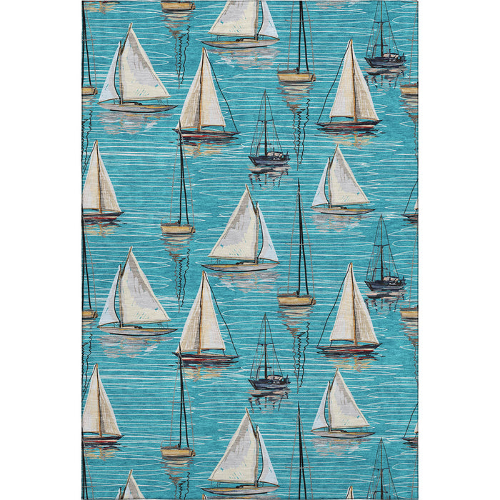 10' X 14' Nautical Washable Area Rug With UV Protection - Teal Blue