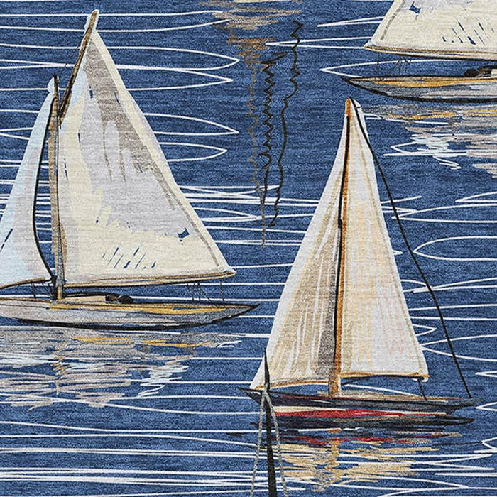 9' X 12' Nautical Washable Area Rug With UV Protection - Navy Blue