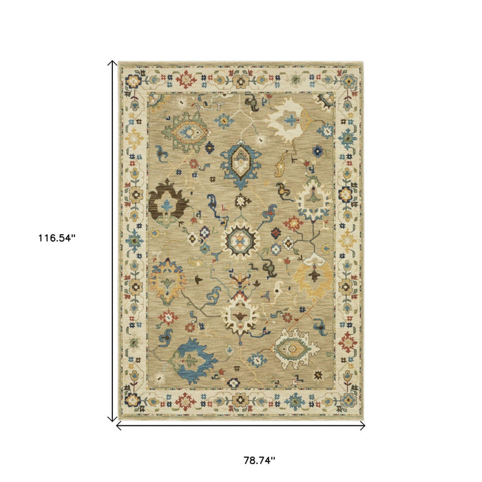7' X 10' Oriental Area Rug With Fringe - Beige