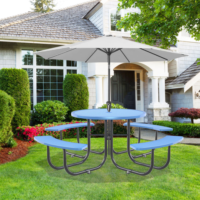 Giga round outdoor steel picnic table with 46-inch diameter and umbrella pole, ideal for outdoor dining and gatherings.