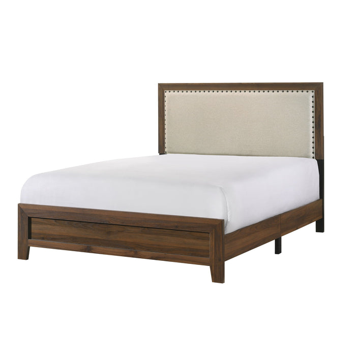 Panel Bed With Fabric Upholstered Tufted Nailhead Trim Headboard