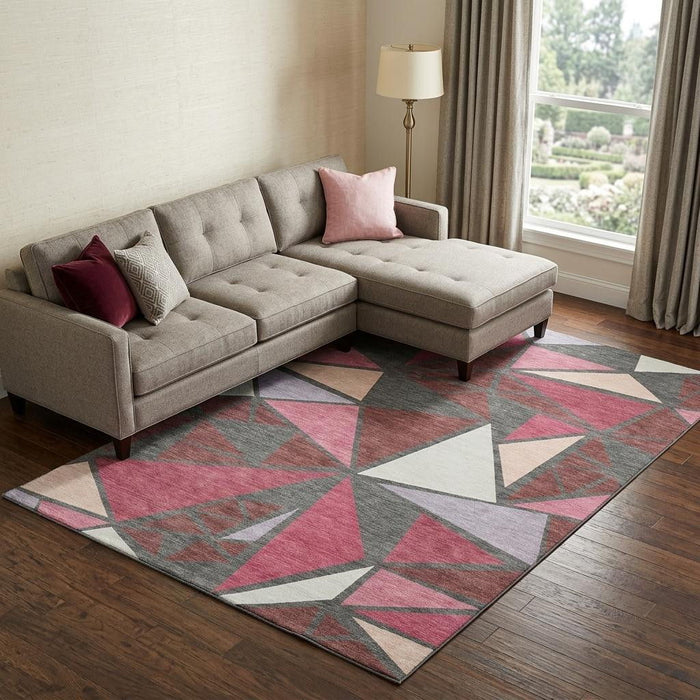 10' X 14' Geometric Washable Area Rug With UV Protection (681509) - Burgundy / Pink / Ivory