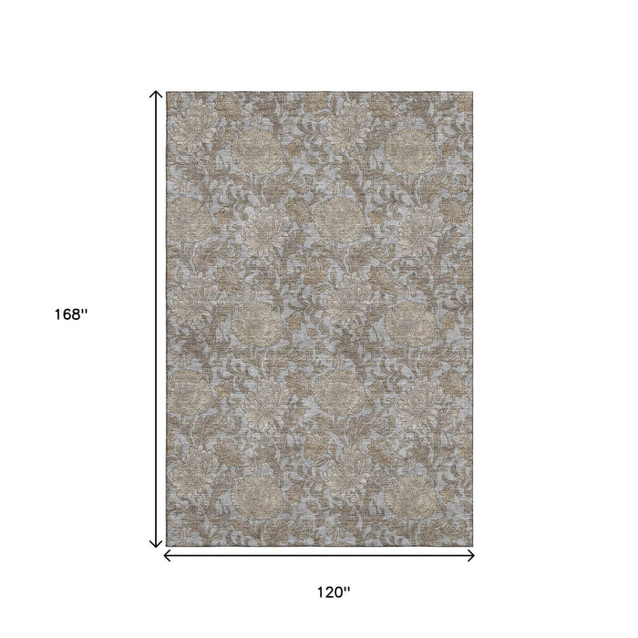 10' X 14' Floral Washable Area Rug With UV Protection (655794) - Gray / Silver