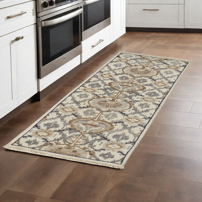 8' Wool Floral Hand Knotted Stain Resistant Runner Rug - Ivory Gray And Taupe