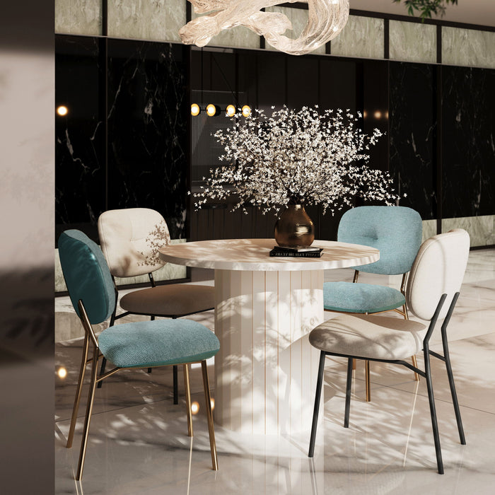 Modern Giga 5-piece dining set with white table, turquoise chairs, bamboo accents, metal legs, space-saving design for dining room.