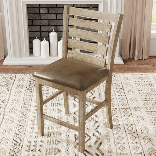 Set of 2 Giga modern farmhouse rustic grayish brown ladderback dining counter height chairs with distressed solid wood design
