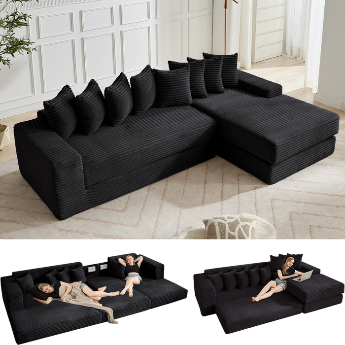 [NEW ARRIVED] [VIDEO PROVIDED] Oversize Cloud Sectional Couch, L-Shape Sofa, Convertible Floor Sleeper Sofa Bed, No Assembly,Eight pillows,3-in-1,Magazine bag,(Right Facing Sofa),Corduroy,Black