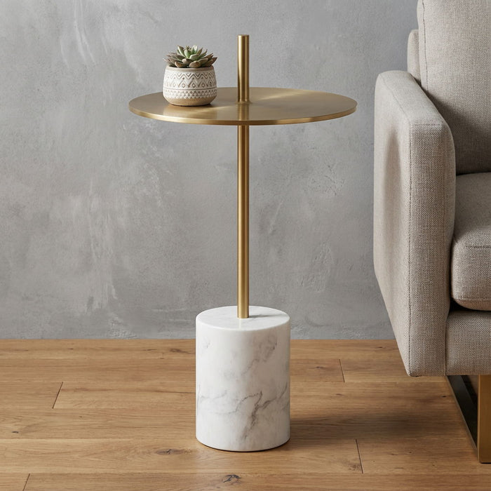 Marble Round Block End Table - Gold / White