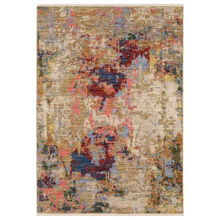 5' X 8' Abstract Area Rug With Fringe - Beige / Rust