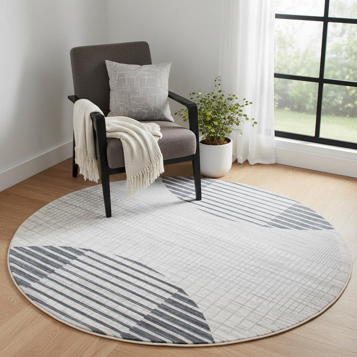 5' Geometric Washable Round Rug (546924) - Ivory / Blue
