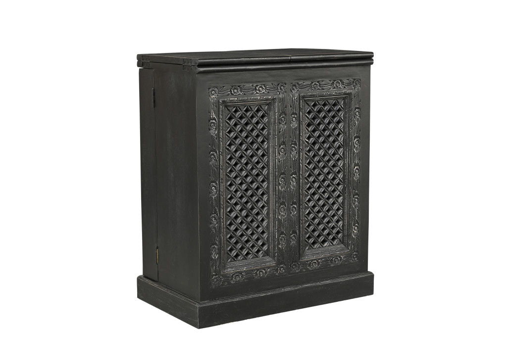 Solid Wood Carved Floral Bar Cabinet With Two Doors One Drawer (727848) - Black