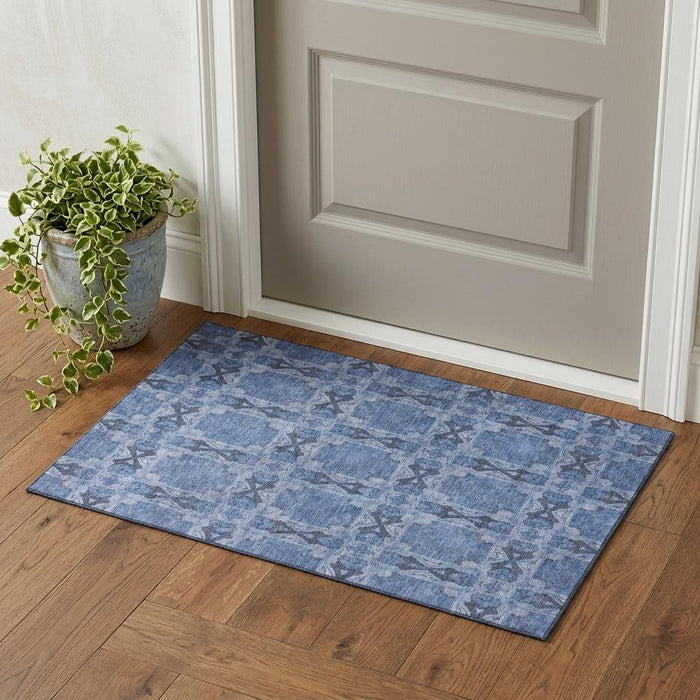3' X 5' Floral Medallion Washable Area Rug With UV Protection (649475) - Denim Blue / Ivory
