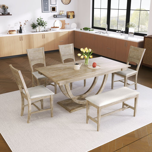 Giga Topmax 6-piece wood dining table set with long bench and four modern dining chairs in a contemporary kitchen setting.