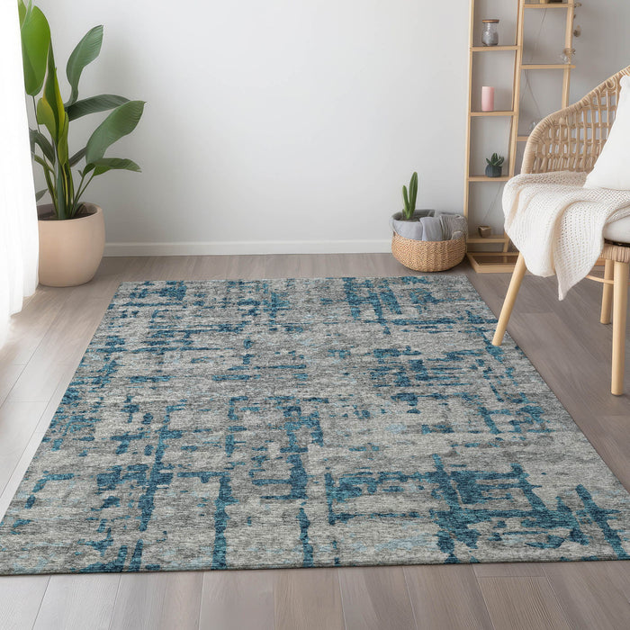 10' X 14' Abstract Washable Area Rug With UV Protection - Persian Blue And Gray
