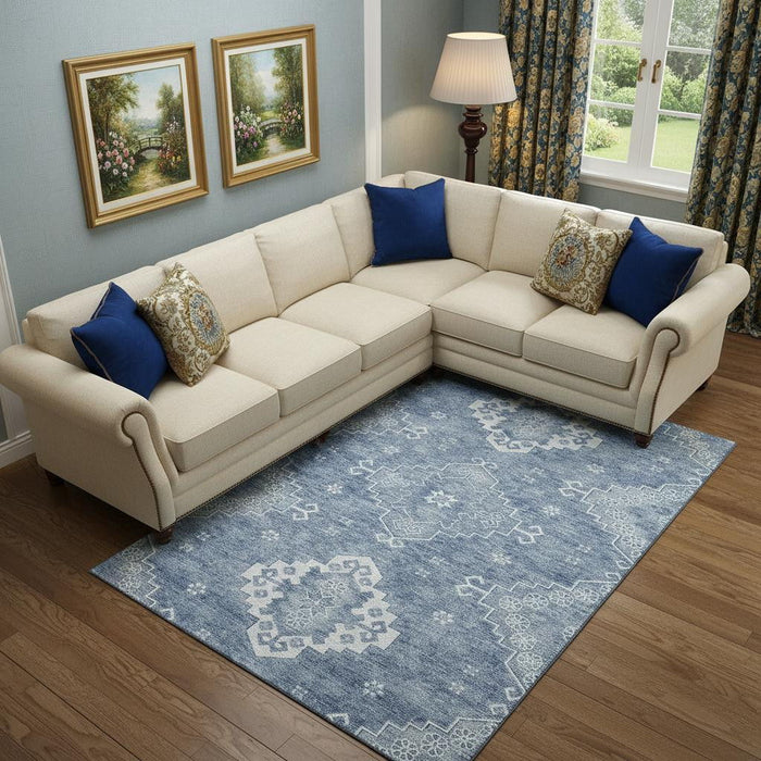 8' X 10' Medallion Washable Area Rug With UV Protection (667406) - Blue / Ivory