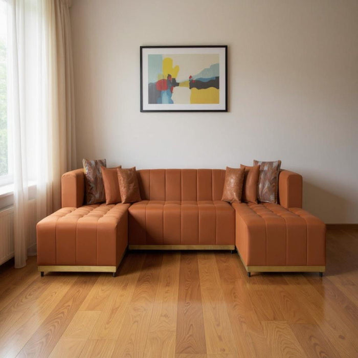 Velvet U Shaped Three Piece Sofa Chaise Sectional With Toss Pillows - Orange