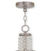 HomeRoots 20-inch three-light metal chandelier with shades, dimmable, featuring nickel finish and clear/off white shades.
