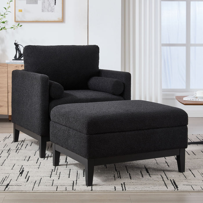 Giga farmhouse upholstered accent chair with matching ottoman and reversible lid coffee table, featuring cozy, rustic design.
