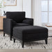 Giga farmhouse upholstered accent chair with matching ottoman and reversible lid coffee table, featuring cozy, rustic design.