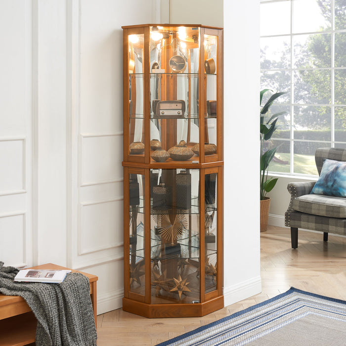 Giga 6-shelf corner curio display cabinet with built-in lights, mirrored back panels, and adjustable glass shelves for showcasing collectibles.