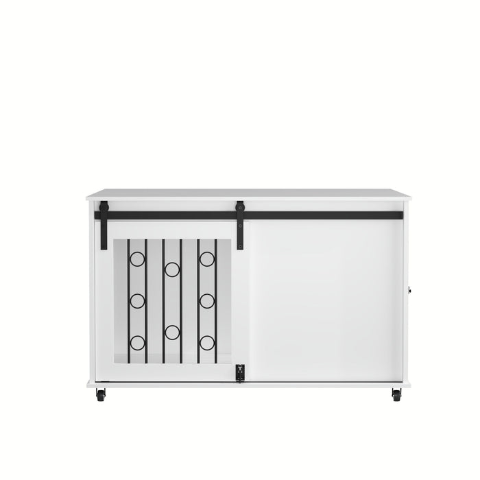Giga white dog crate with sliding barn door, side access, lockable wheels, suited for small to medium dogs, sturdy cage design