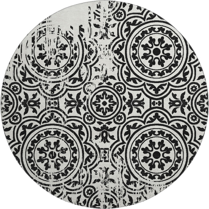8' Medallion Washable Round Rug With UV Protection - Black And Ivory