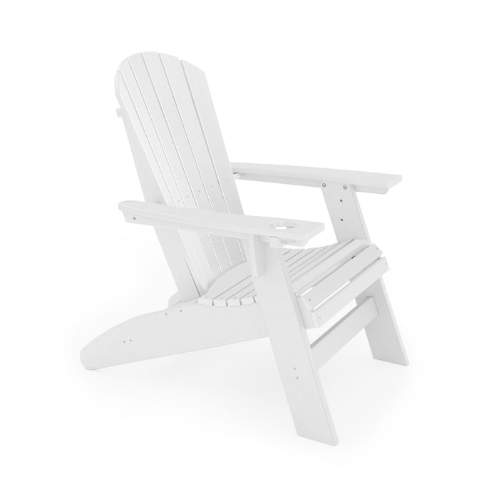 Giga Adirondack arm chair made of sturdy HDPE poly lumber for poolside, patio, or garden relaxation.