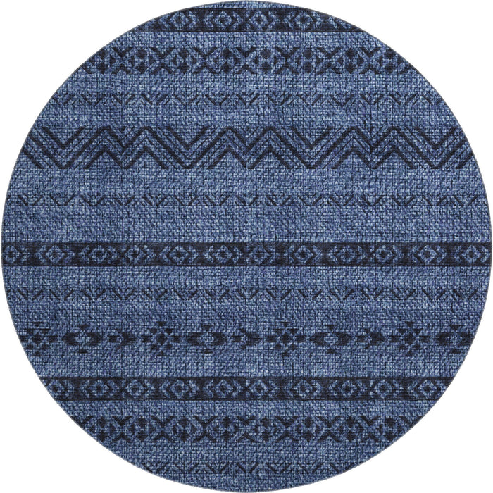 8' Southwestern Washable Round Rug With UV Protection - Navy Blue And Gray