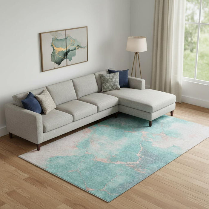 10' X 14' Abstract Washable Area Rug With UV Protection (701503) - Teal / Peach