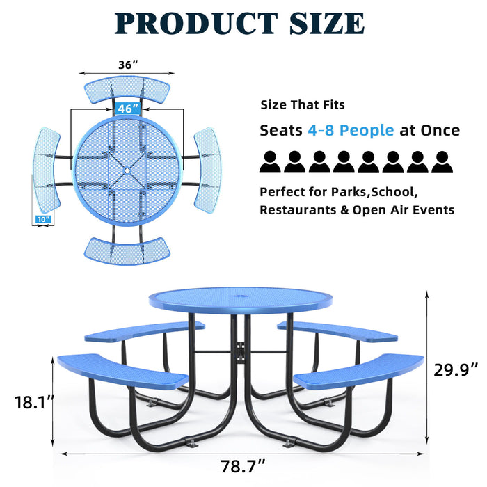 Giga 46-inch round outdoor steel picnic table with umbrella hole, sturdy metal frame and wooden top for outdoor dining.