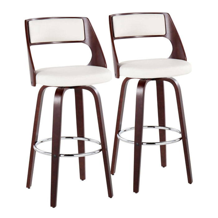 Cecina - 30" Fixed-Height Barstool With Swivel And Round Chrome Metal Footrest (Set of 2) - Cherry Wood And White Faux Leather