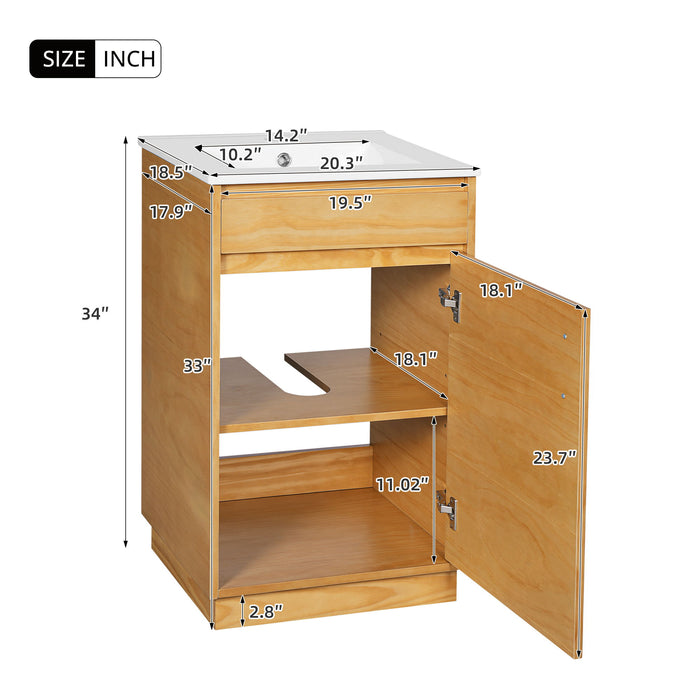 Giga bathroom vanity with sink, freestanding single cabinet in natural wood, soft closing door and adjustable shelf.