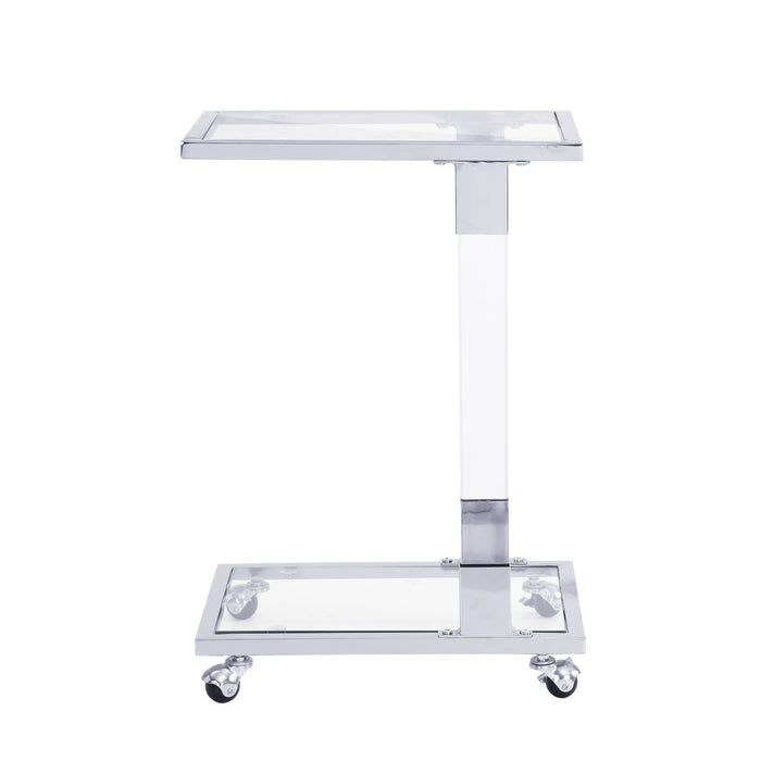 Giga glass top C-shaped sofa side table with metal base, ideal for living room, bedroom, balcony, or office use.