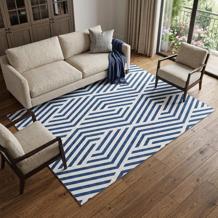 10' X 14' Geometric Washable Area Rug With UV Protection (648568) - Navy Blue / Ivory