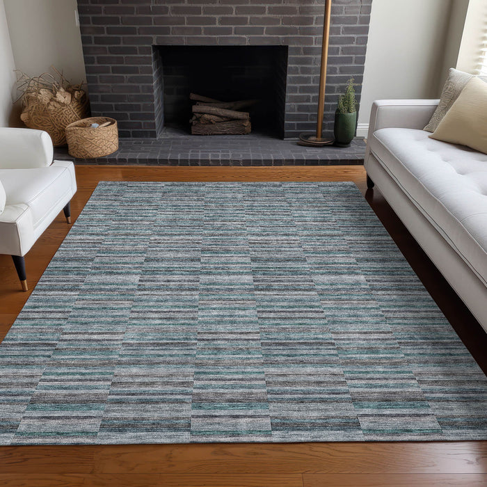 10' X 14' Striped Washable Area Rug With UV Protection - Teal / Gray