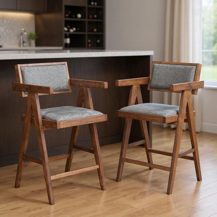 Wood Fabric Low Back Bar Chairs (Set of 2) - Gray