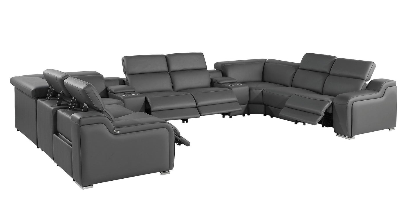 Italian Leather Power Reclining U-Shaped Ten Piece Corner Sectional With Console - Dark Gray