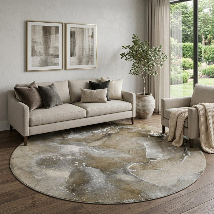 8' Abstract Washable Round Rug With UV Protection (647221) - Brown / Ivory / Gray