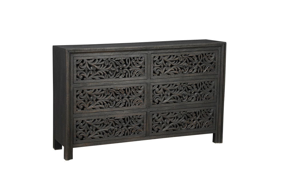 57" Solid Wood Six Drawer Dresser - Black