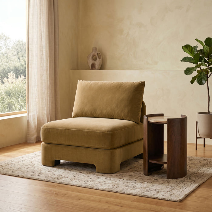 Meridian Furniture velvet upholstered armless stationary chair with plush fabric and modern design.