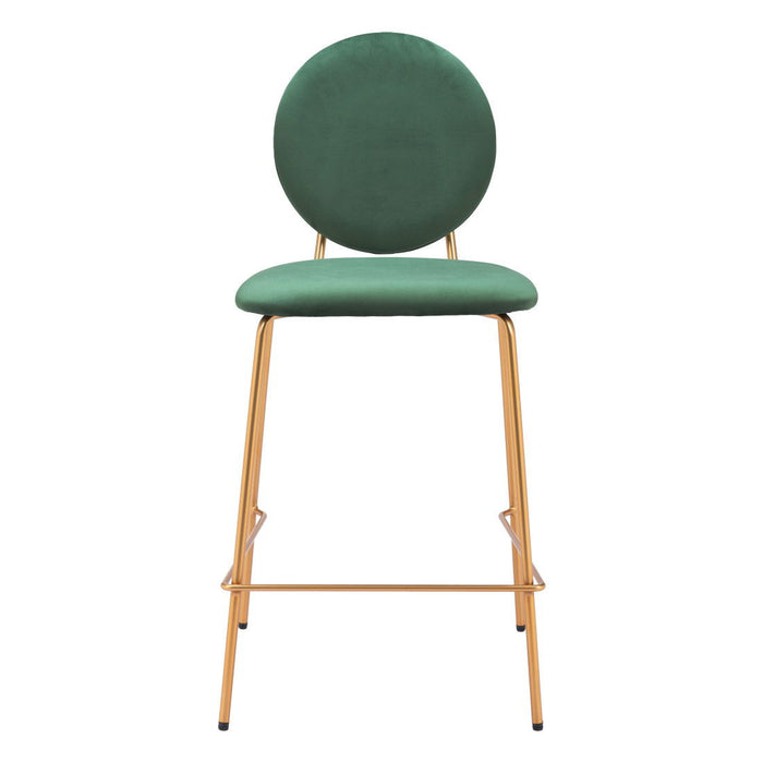 Set of two green velvet and steel counter height bar chairs with gold accents from HomeRoots, modern and stylish seating for home bar.