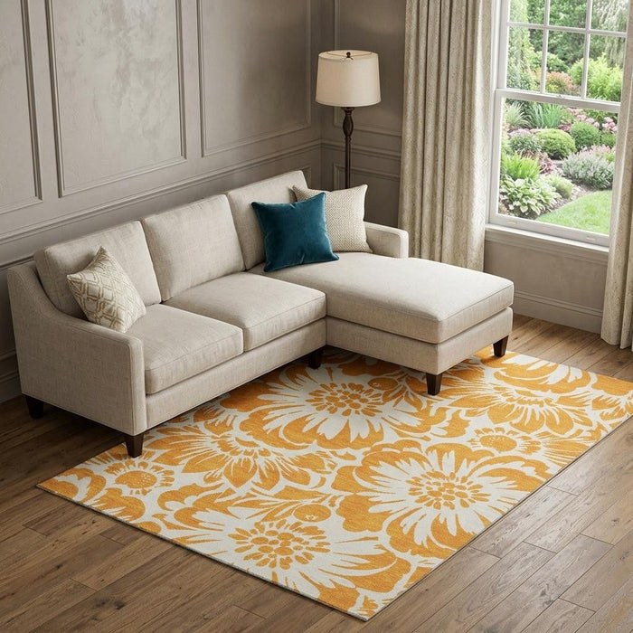9' X 12' Floral Washable Area Rug With UV Protection (648675) - Orange / Ivory