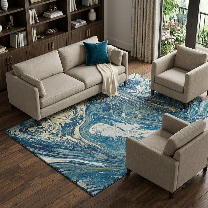 10' X 14' Abstract Washable Area Rug With UV Protection (683129) - Navy Blue / Gold / White