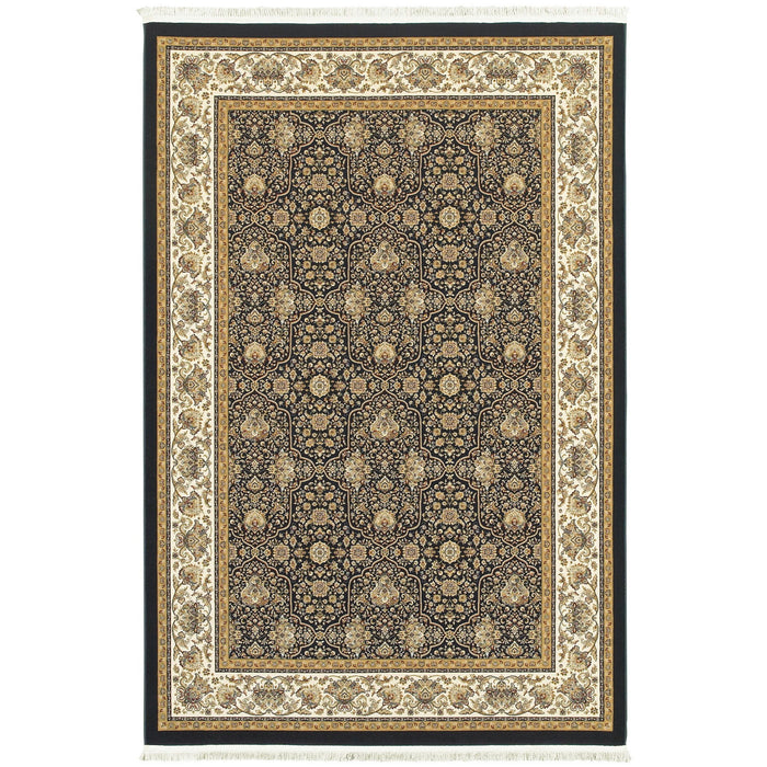 8' X 11' Oriental Area Rug With Fringe - Navy Blue / Ivory