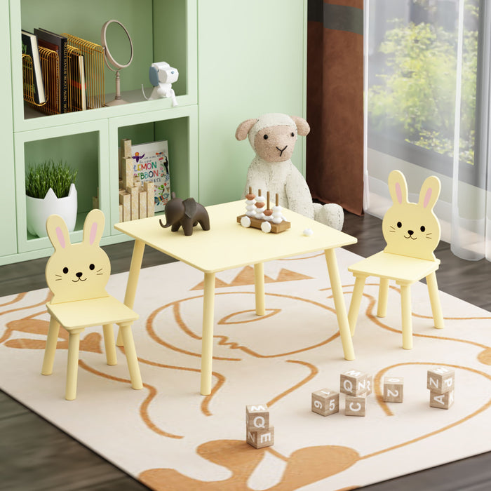 Yellow children's table and chair set with two bunny-shaped chairs from Giga, featuring a cute animal design for toddlers.